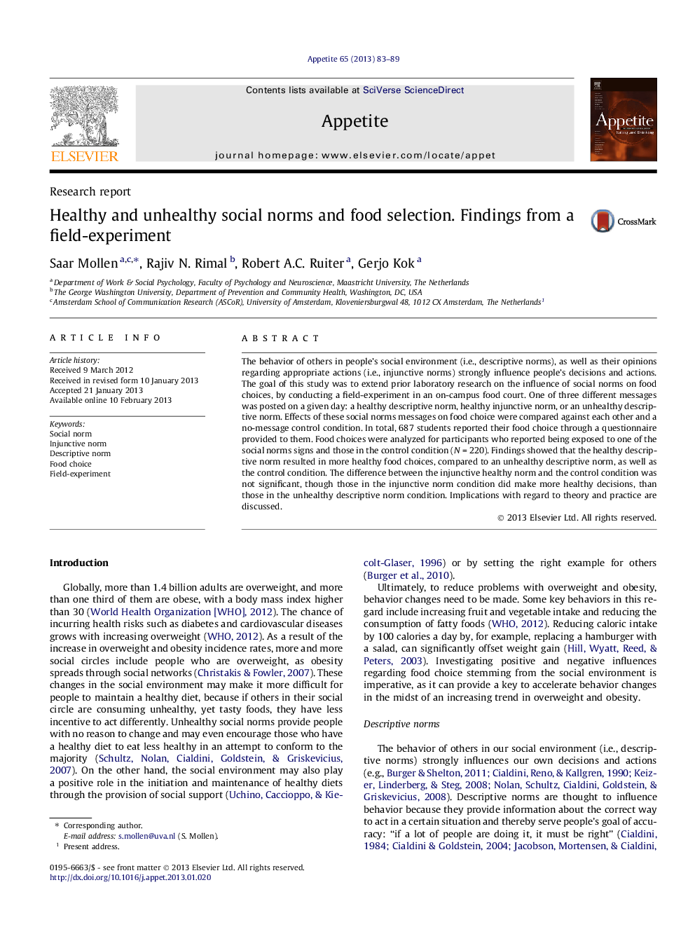 Healthy and unhealthy social norms and food selection. Findings from a field-experiment