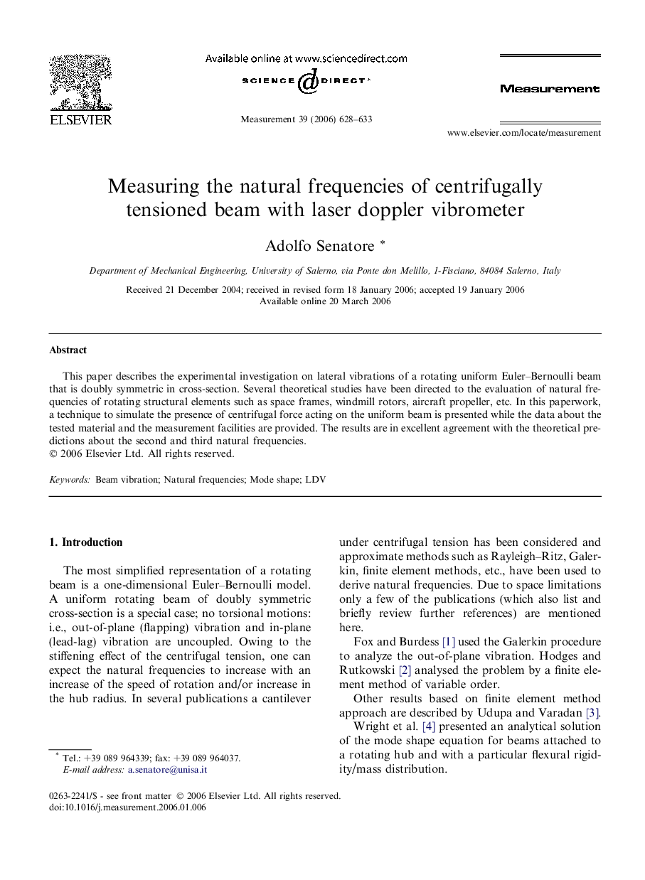 Measuring the natural frequencies of centrifugally tensioned beam with laser doppler vibrometer