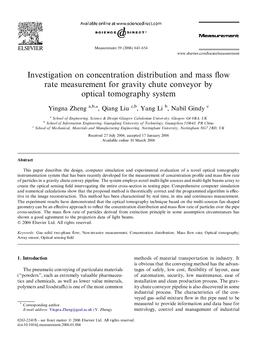 Investigation on concentration distribution and mass flow rate measurement for gravity chute conveyor by optical tomography system