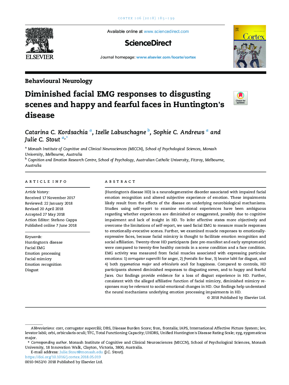 Diminished facial EMG responses to disgusting scenes and happy and fearful faces in Huntington's disease