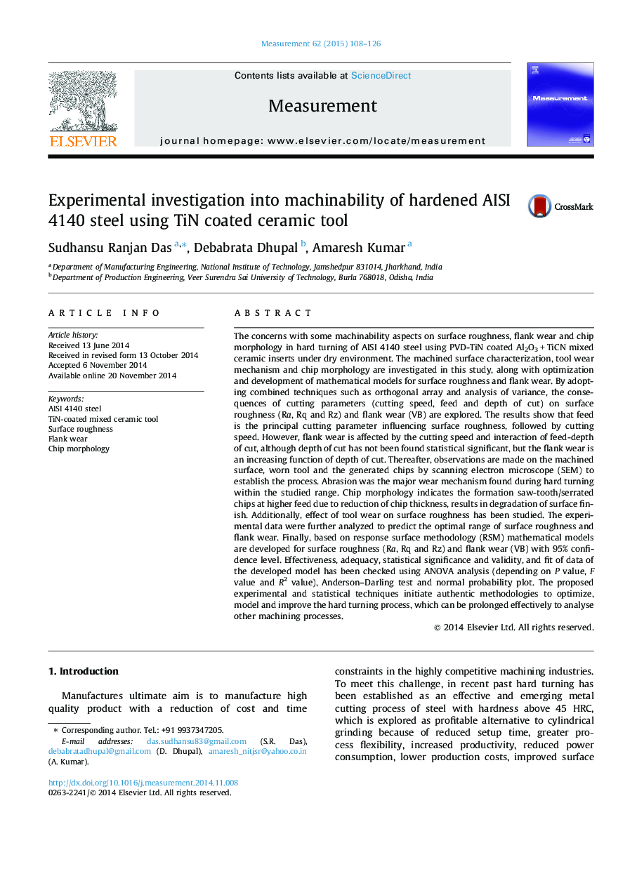 Experimental investigation into machinability of hardened AISI 4140 steel using TiN coated ceramic tool