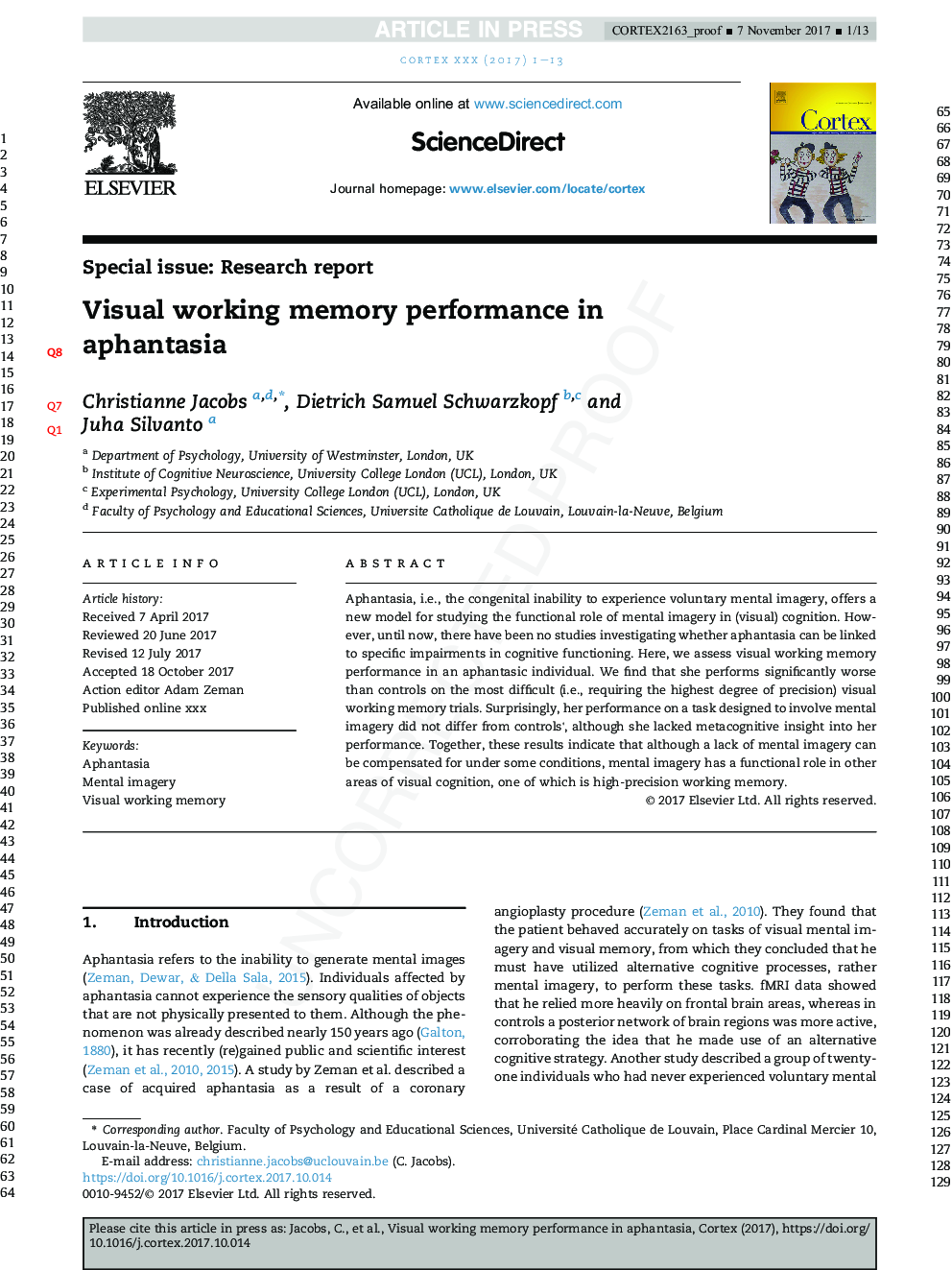 Visual working memory performance in aphantasia