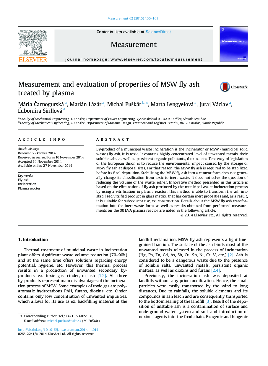 Measurement and evaluation of properties of MSW fly ash treated by plasma