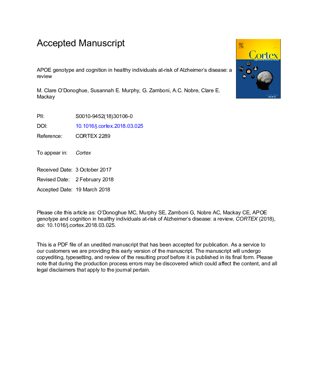APOE genotype and cognition in healthy individuals at risk of Alzheimer's disease: AÂ review