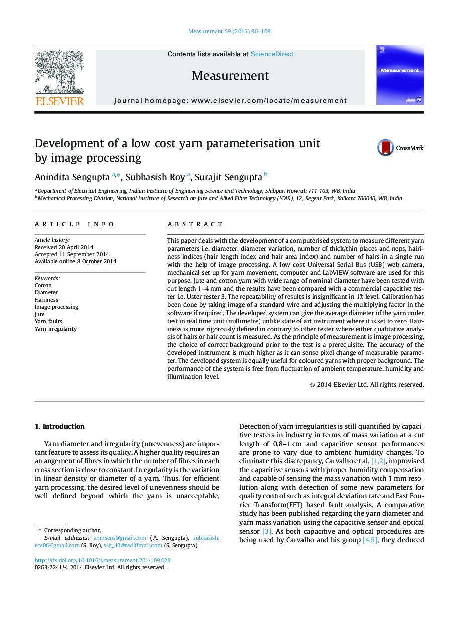 Development of a low cost yarn parameterisation unit by image processing