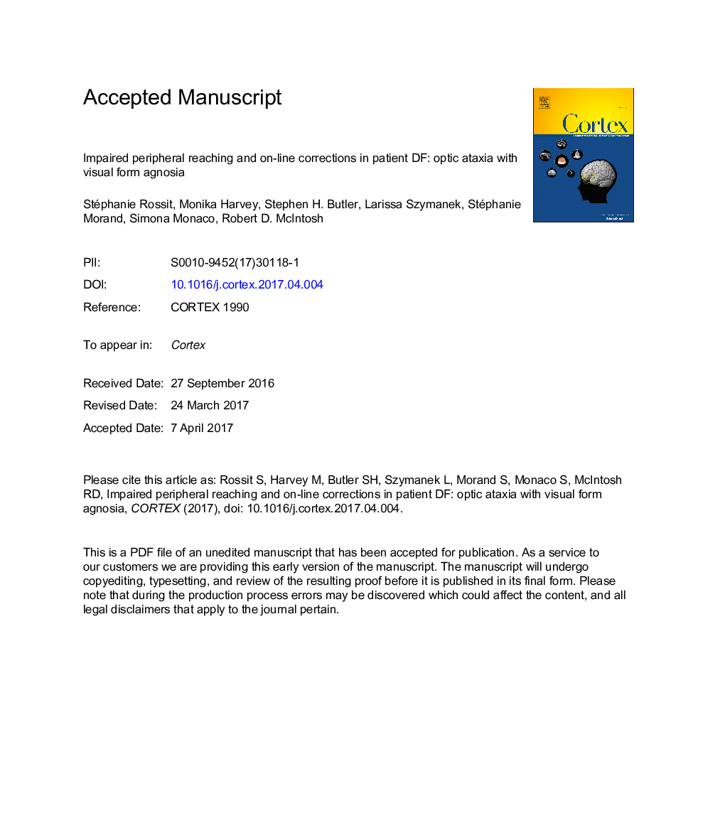 Impaired peripheral reaching and on-line corrections in patient DF: Optic ataxia with visual form agnosia