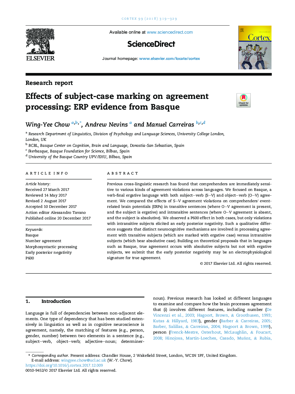 Effects of subject-case marking on agreement processing: ERP evidence from Basque