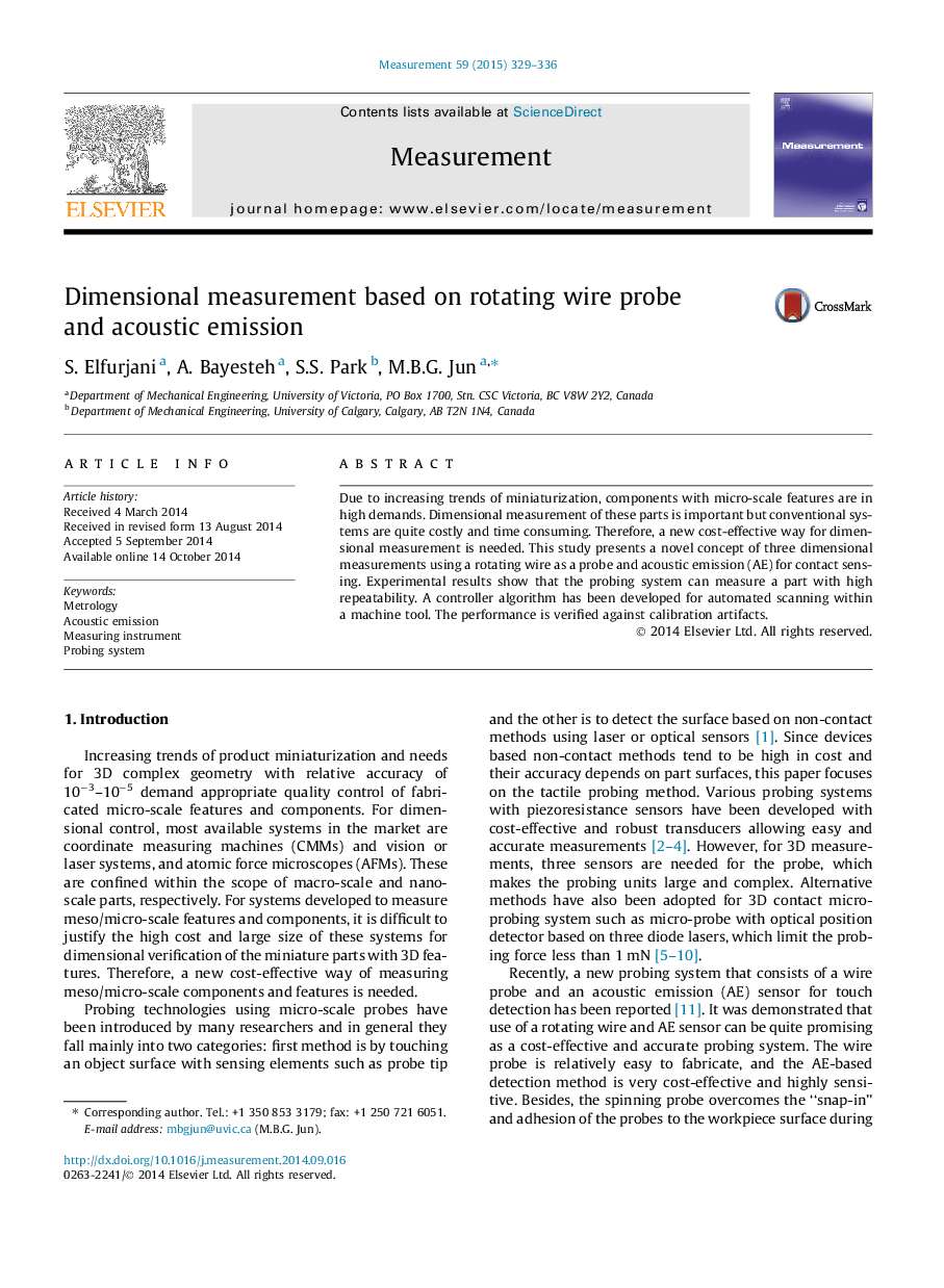 Dimensional measurement based on rotating wire probe and acoustic emission