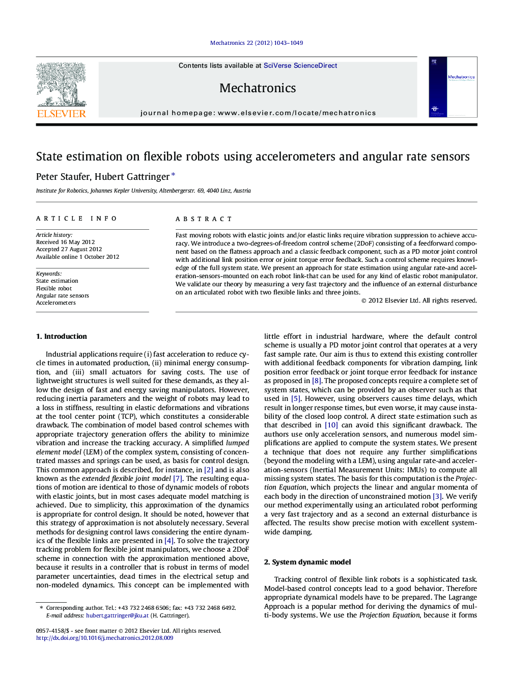 State estimation on flexible robots using accelerometers and angular rate sensors