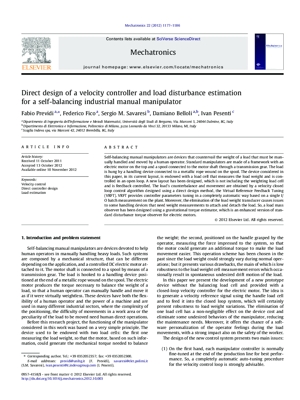 Direct design of a velocity controller and load disturbance estimation for a self-balancing industrial manual manipulator