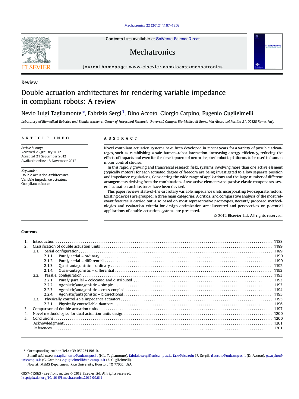 Double actuation architectures for rendering variable impedance in compliant robots: A review