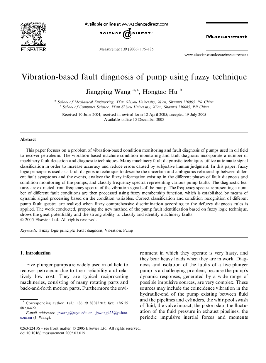 Vibration-based fault diagnosis of pump using fuzzy technique
