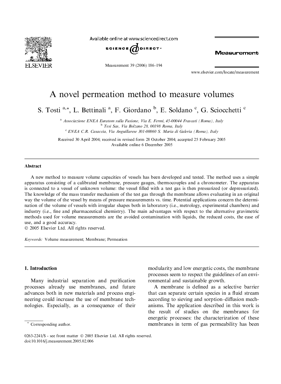 A novel permeation method to measure volumes