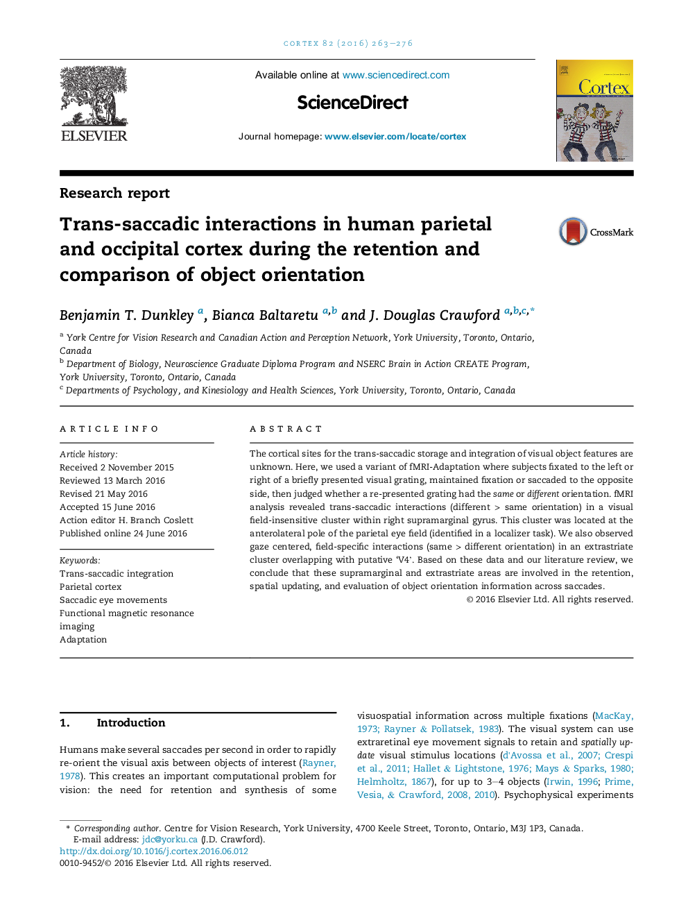 Trans-saccadic interactions in human parietal andÂ occipital cortex during the retention and comparison of object orientation