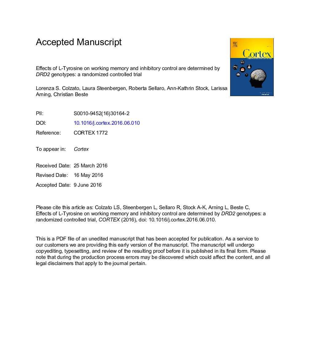 Effects of l-Tyrosine on working memory and inhibitory control are determined by DRD2 genotypes: A randomized controlled trial