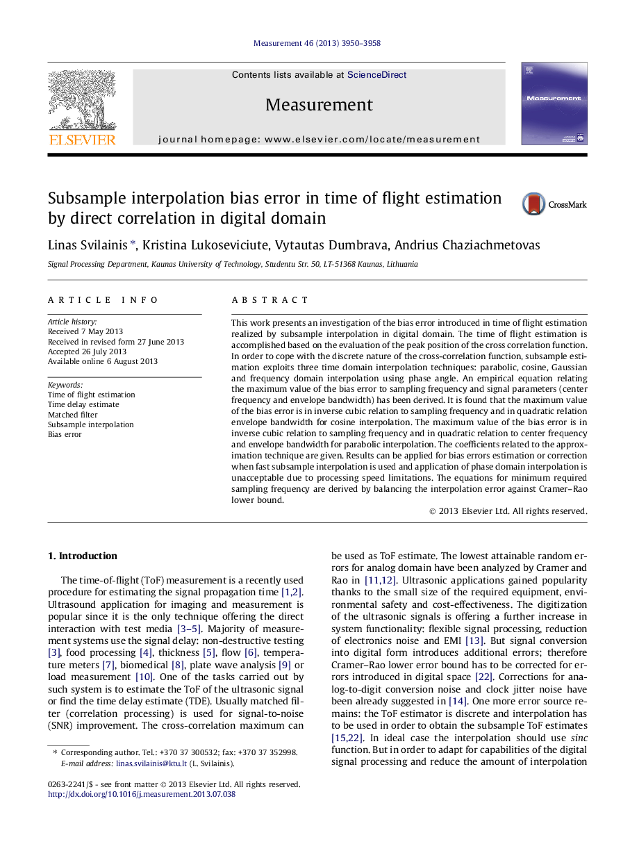 Subsample interpolation bias error in time of flight estimation by direct correlation in digital domain