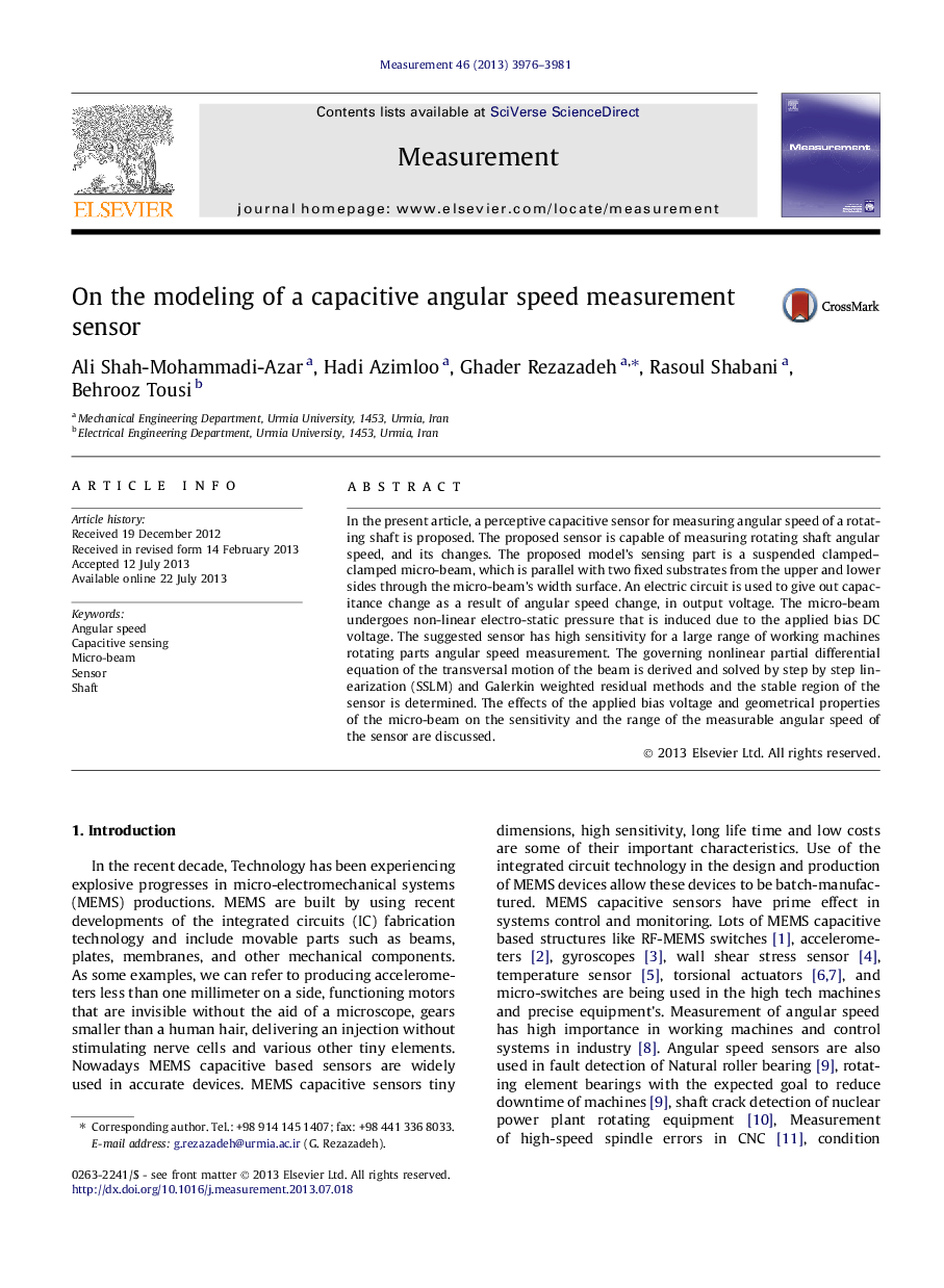 On the modeling of a capacitive angular speed measurement sensor