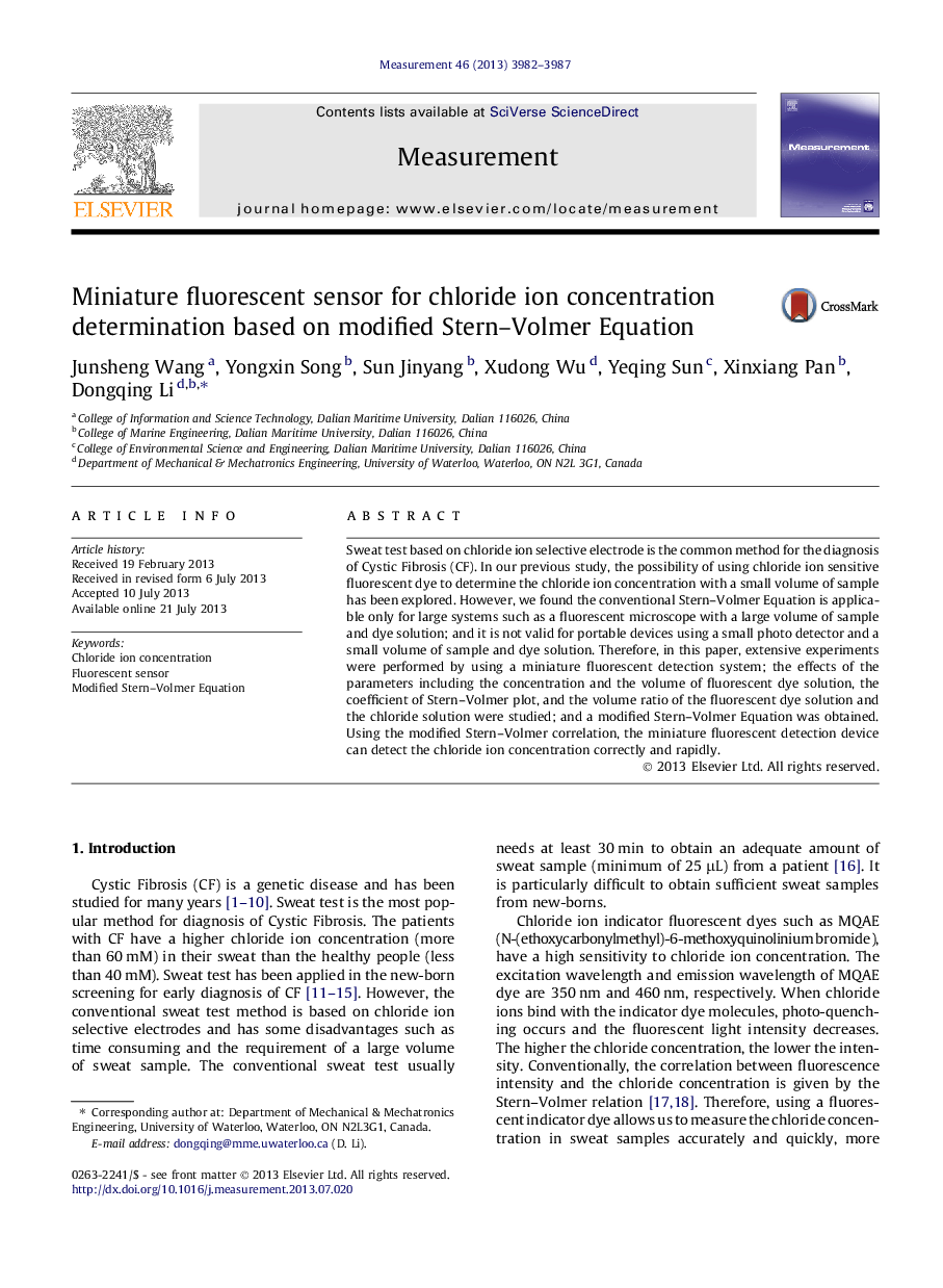 Miniature fluorescent sensor for chloride ion concentration determination based on modified Stern–Volmer Equation