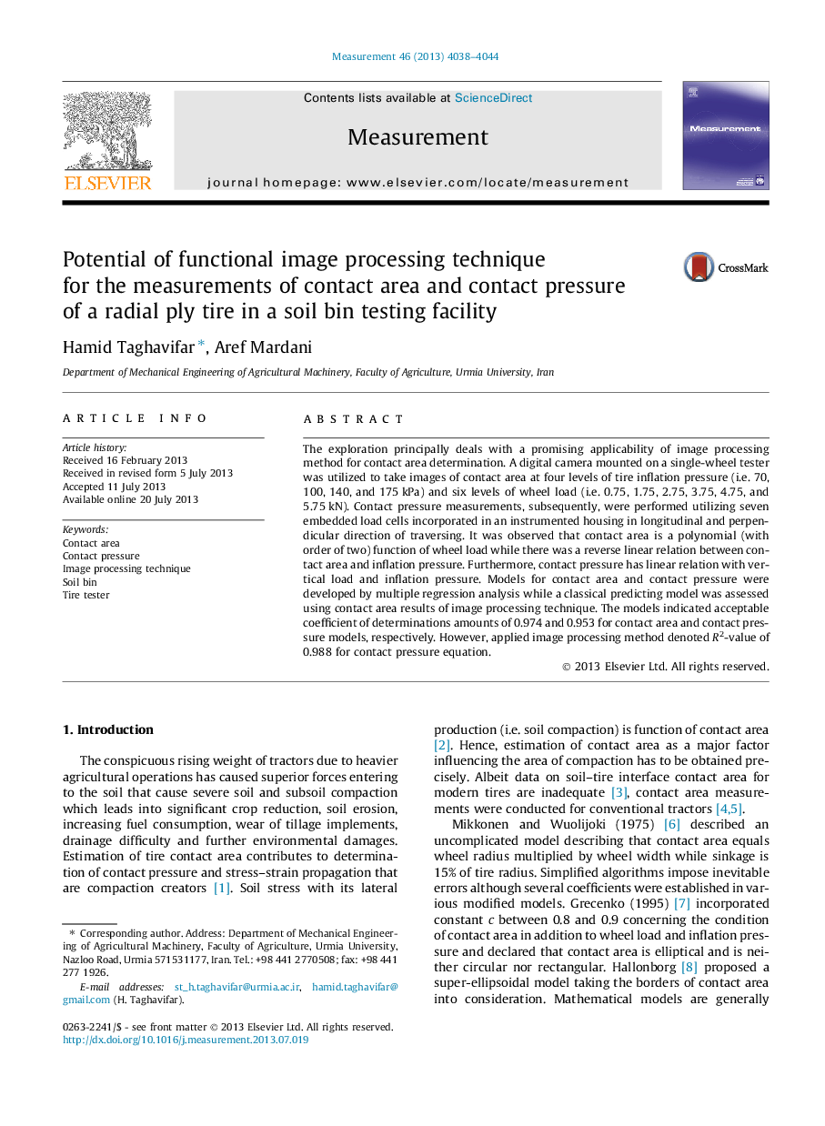 Potential of functional image processing technique for the measurements of contact area and contact pressure of a radial ply tire in a soil bin testing facility