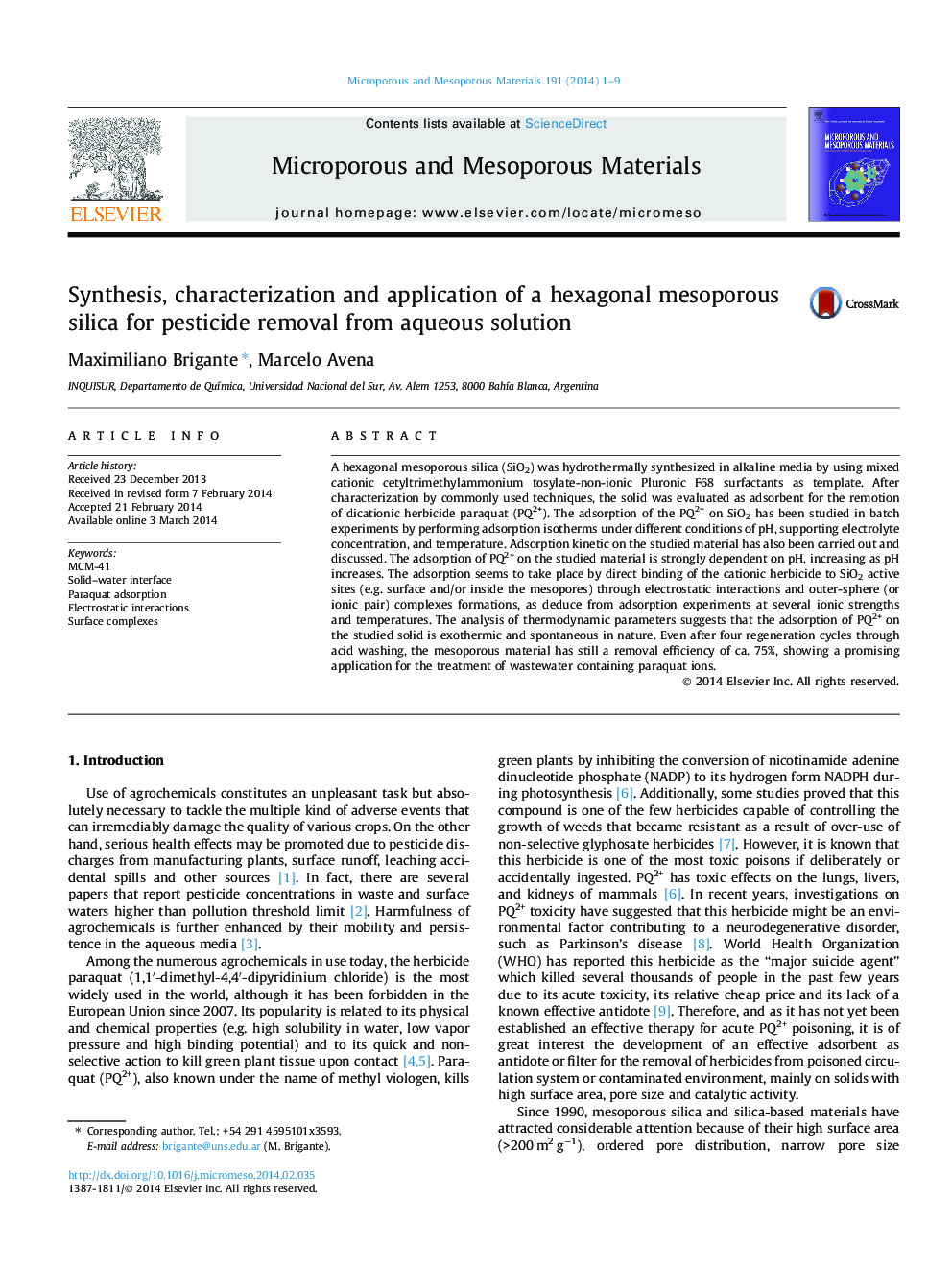 Synthesis, characterization and application of a hexagonal mesoporous silica for pesticide removal from aqueous solution