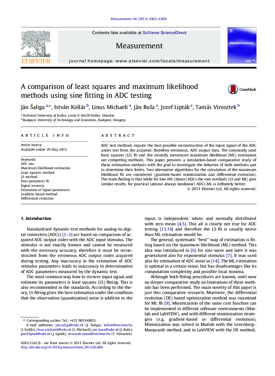 A comparison of least squares and maximum likelihood methods using sine fitting in ADC testing