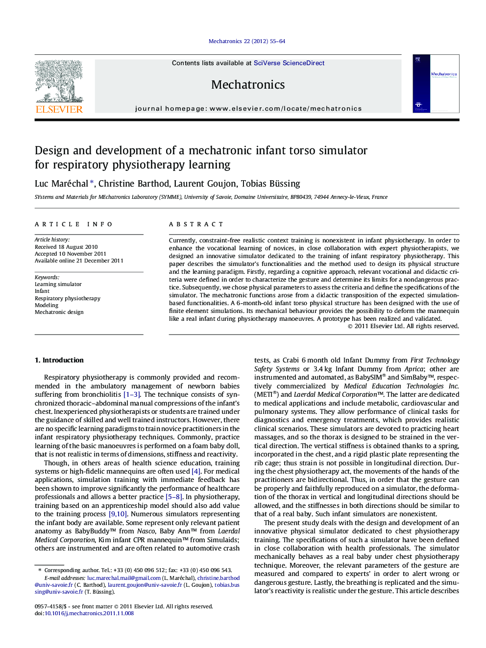 Design and development of a mechatronic infant torso simulator for respiratory physiotherapy learning