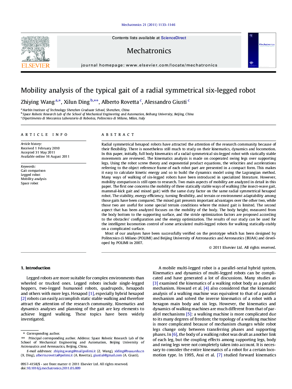 عکس صفحه اول مقاله: Mobility analysis of the typical gait of a radial symmetrical six-legged robot Mobility analysis of the typical gait of a radial symmetrical six-legged robot