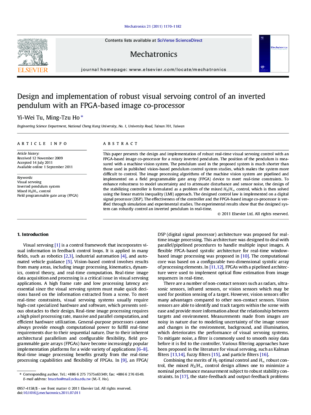 Design and implementation of robust visual servoing control of an inverted pendulum with an FPGA-based image co-processor