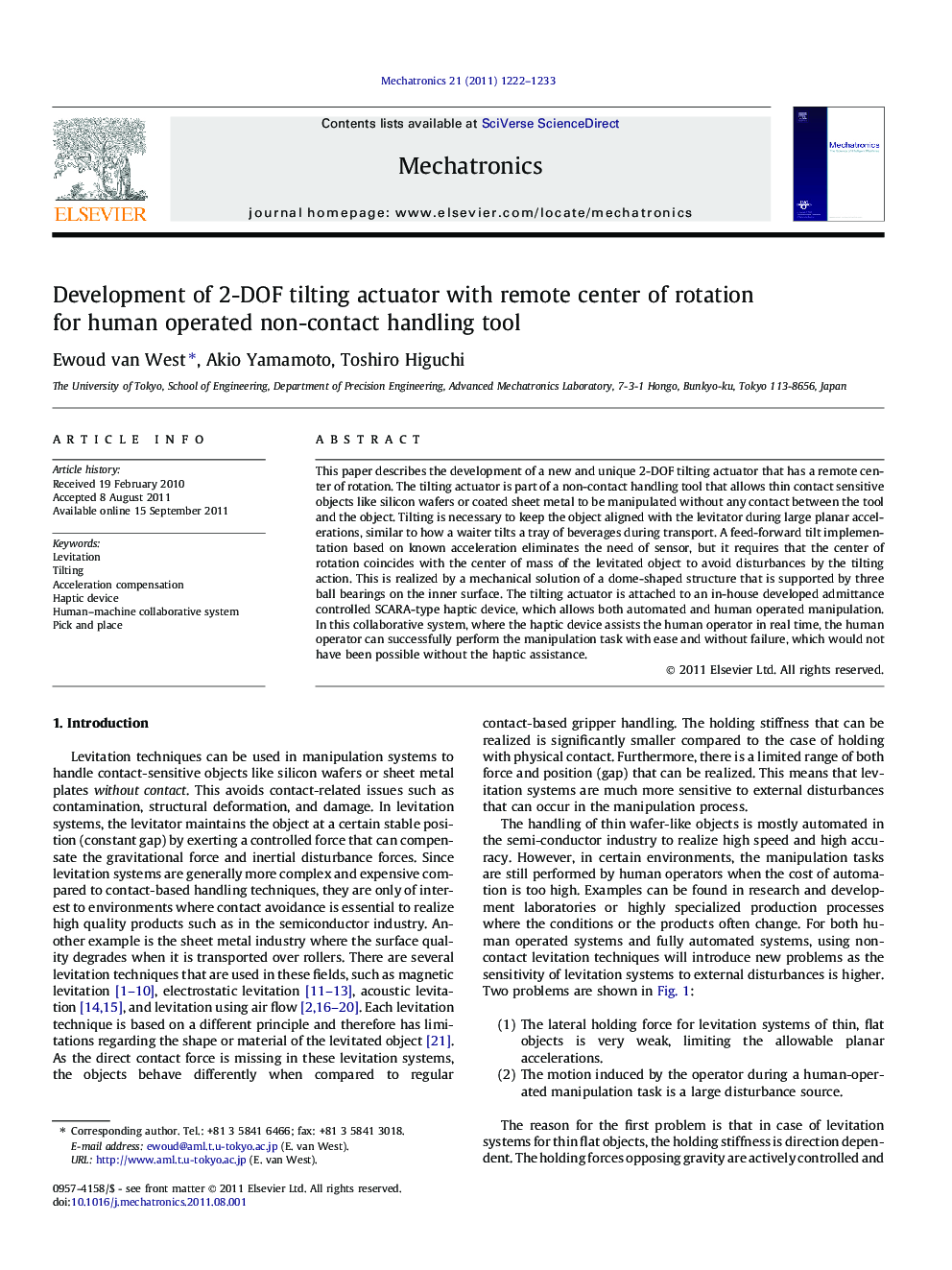 Development of 2-DOF tilting actuator with remote center of rotation for human operated non-contact handling tool