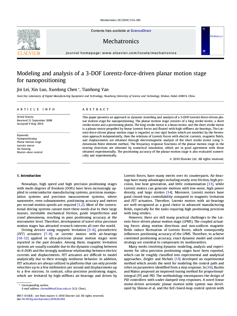 Modeling and analysis of a 3-DOF Lorentz-force-driven planar motion stage for nanopositioning