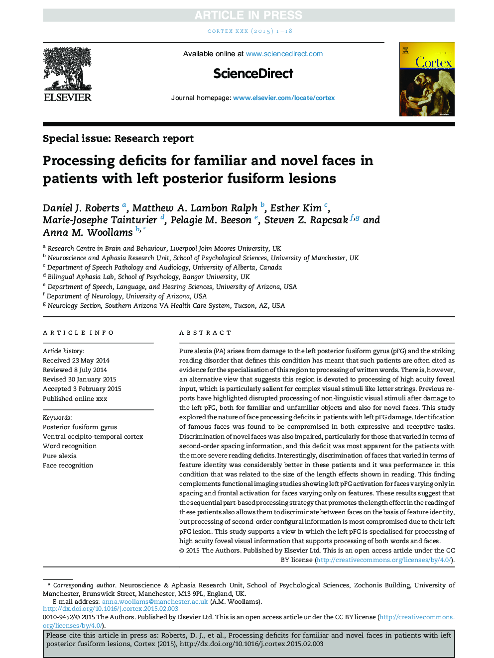 Processing deficits for familiar and novel faces in patients with left posterior fusiform lesions