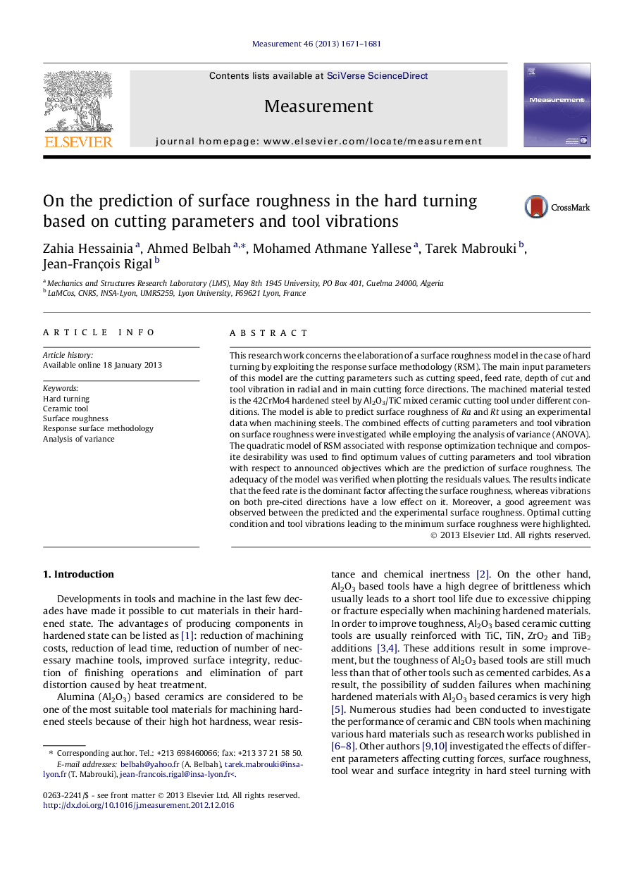 On the prediction of surface roughness in the hard turning based on cutting parameters and tool vibrations