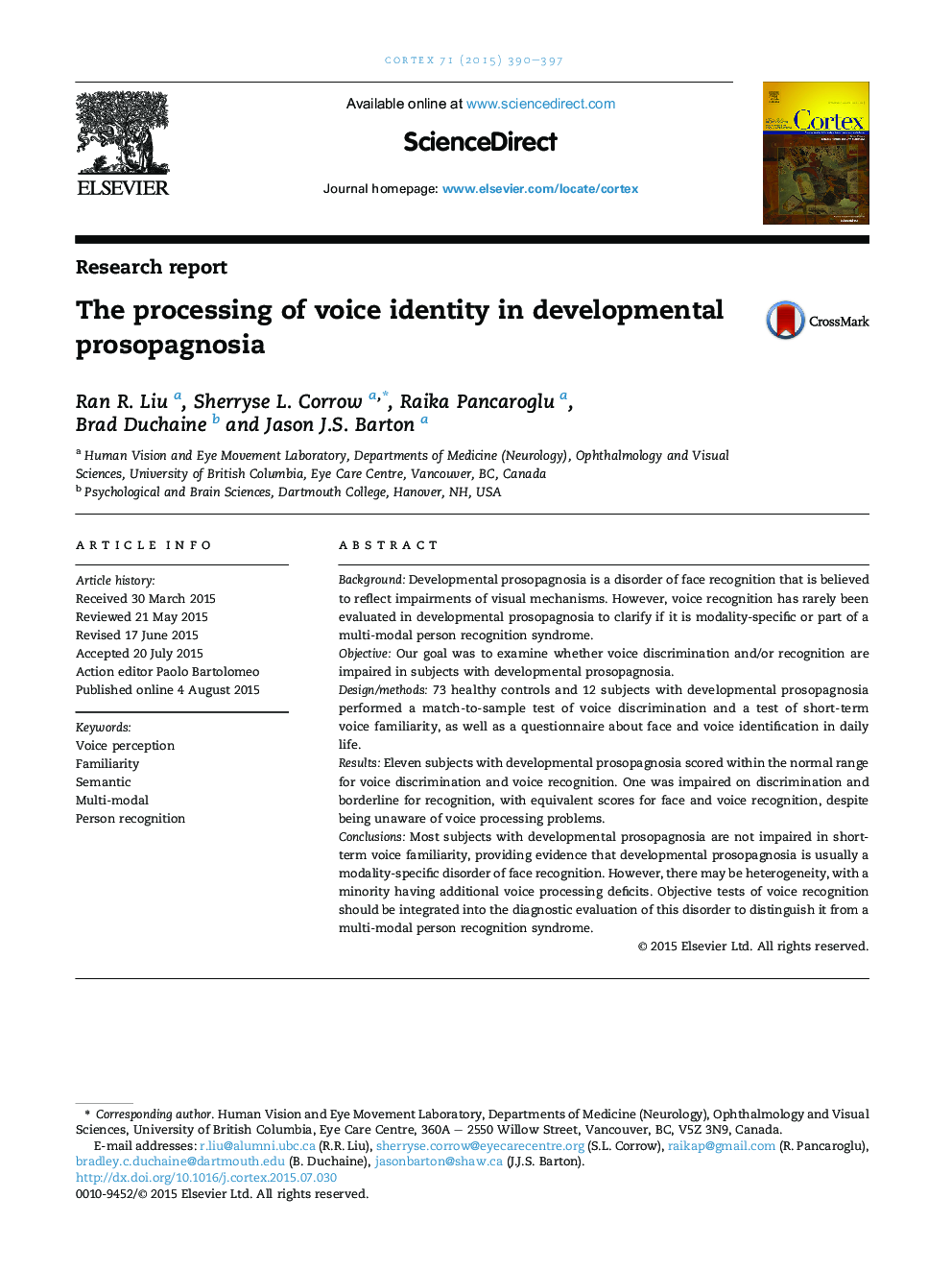 The processing of voice identity in developmental prosopagnosia