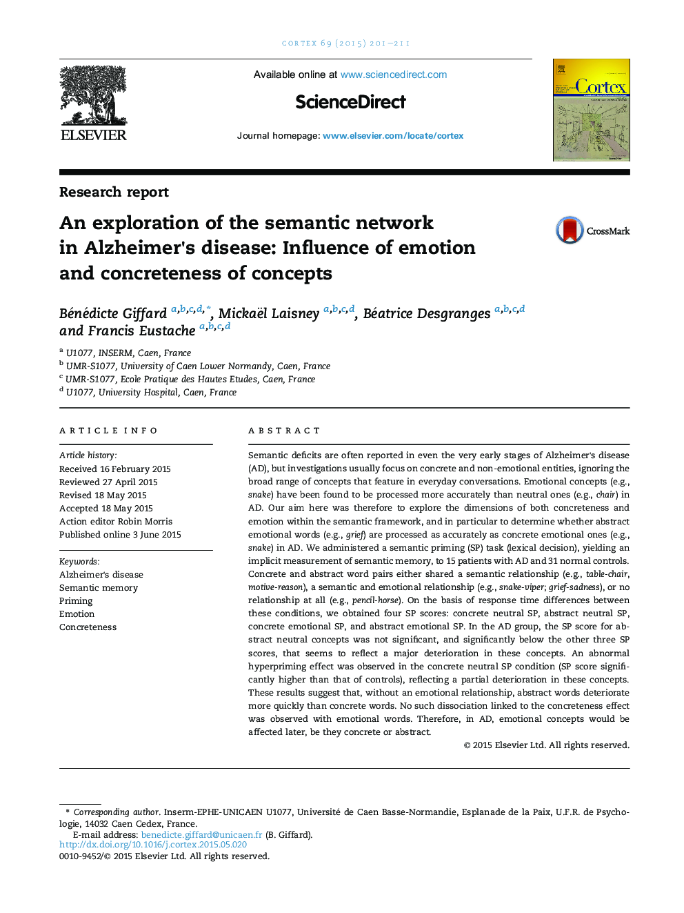 An exploration of the semantic network inÂ Alzheimer's disease: Influence of emotion andÂ concreteness of concepts