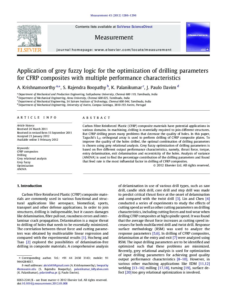 Application of grey fuzzy logic for the optimization of drilling parameters for CFRP composites with multiple performance characteristics