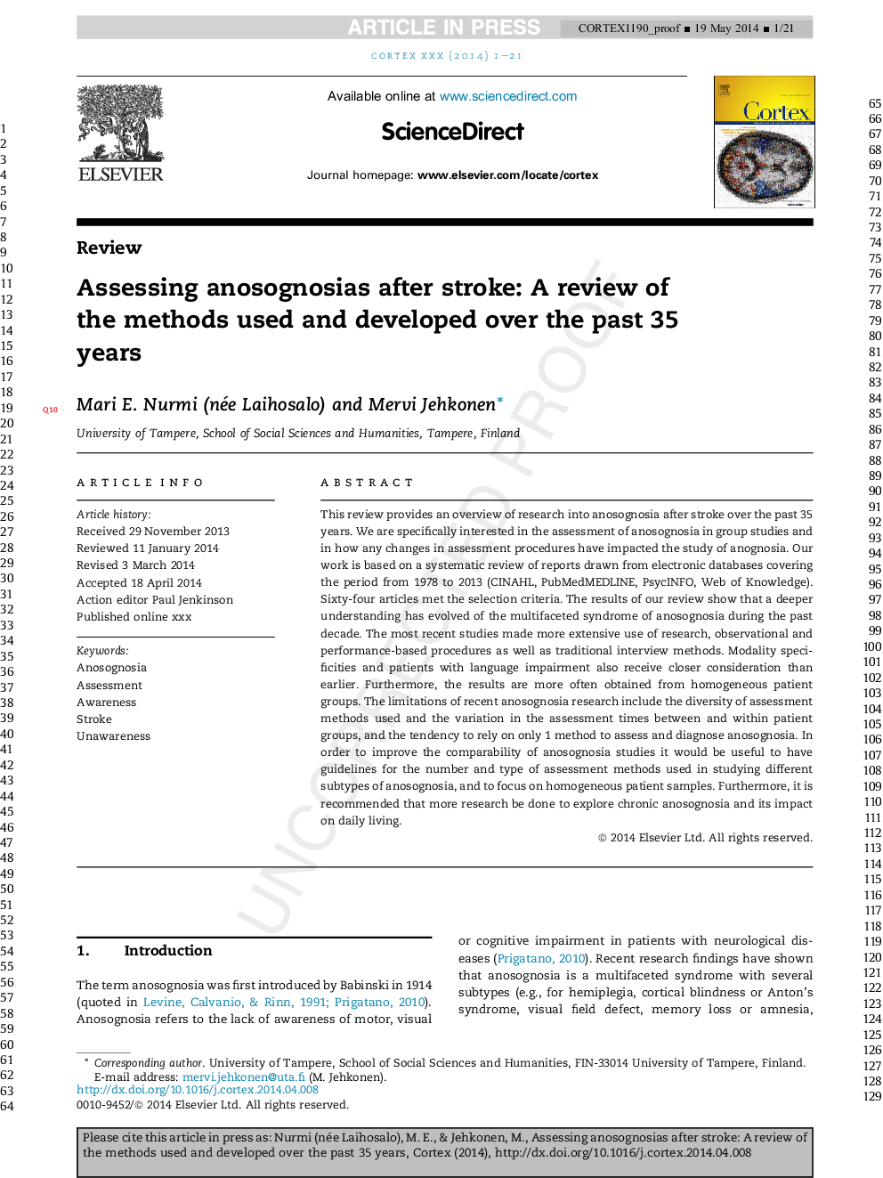 Assessing anosognosias after stroke: A review of the methods used and developed over the past 35 years