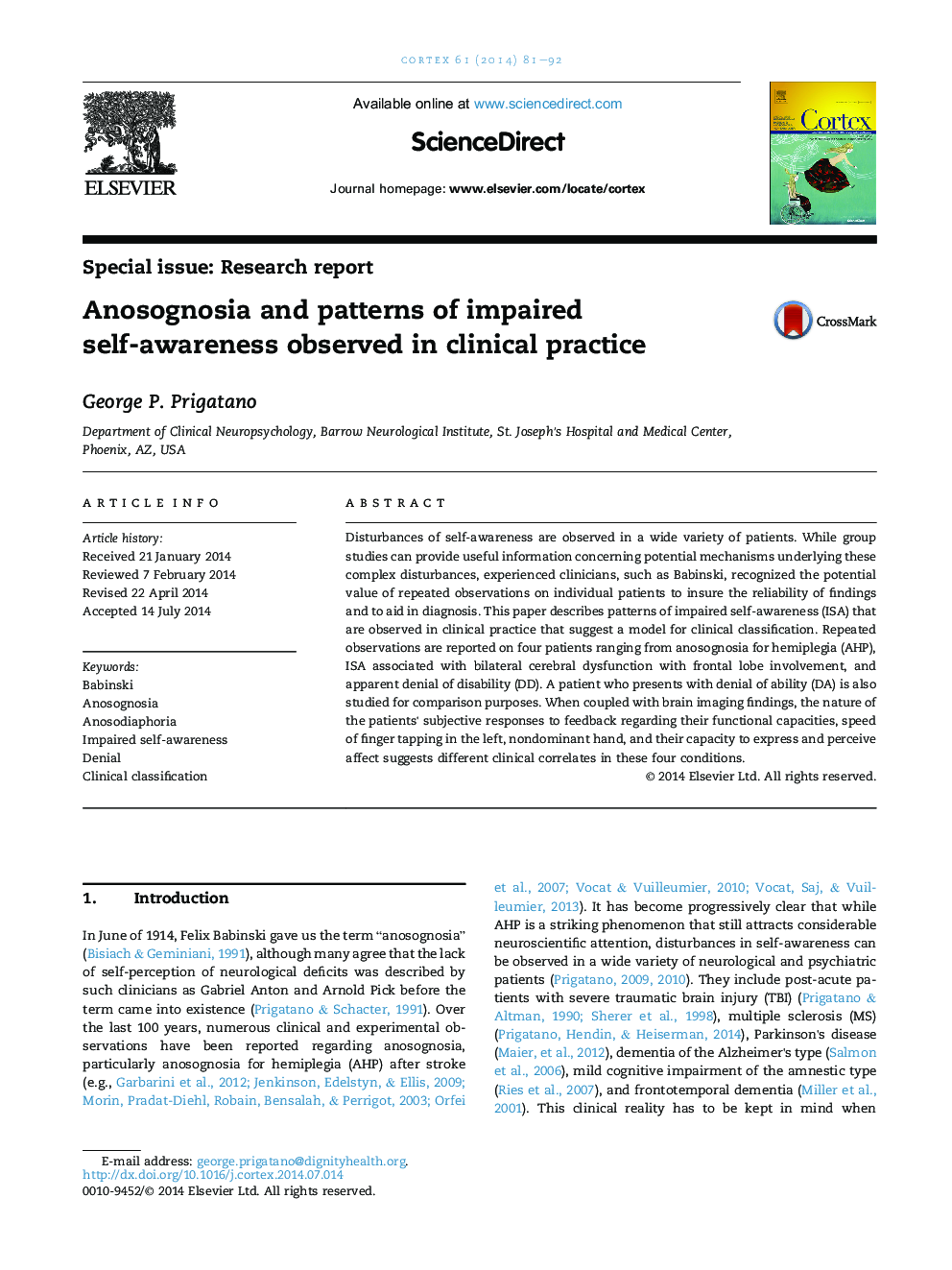 Anosognosia and patterns of impaired self-awareness observed in clinical practice