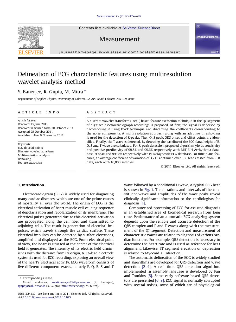Delineation of ECG characteristic features using multiresolution wavelet analysis method