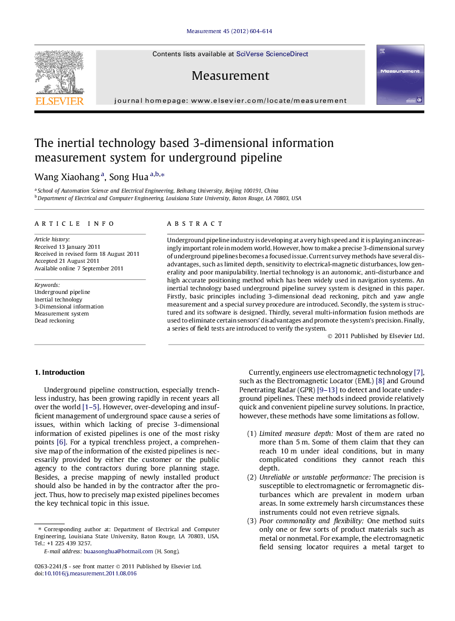 The inertial technology based 3-dimensional information measurement system for underground pipeline