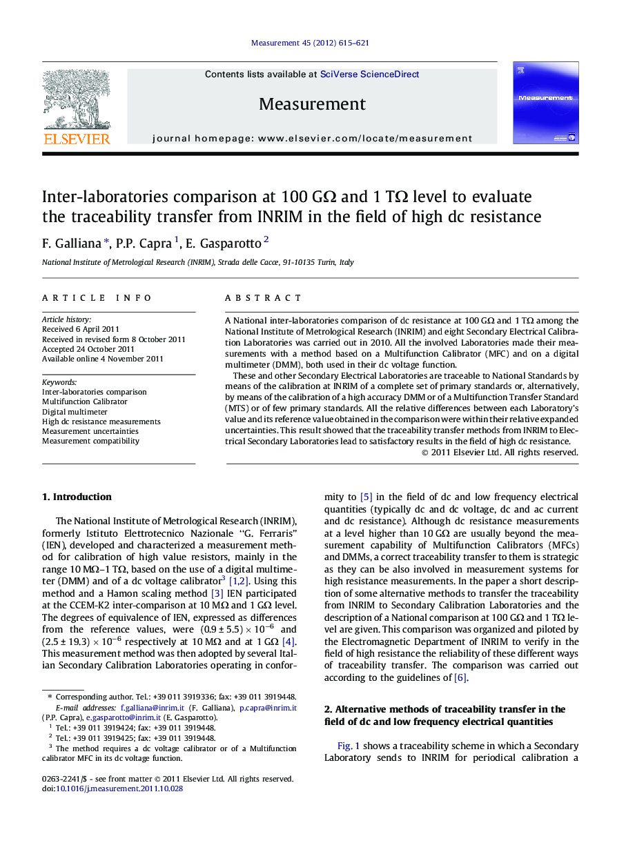 Inter-laboratories comparison at 100 GΩ and 1 TΩ level to evaluate the traceability transfer from INRIM in the field of high dc resistance