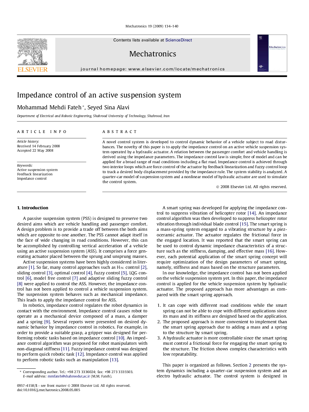 Impedance control of an active suspension system