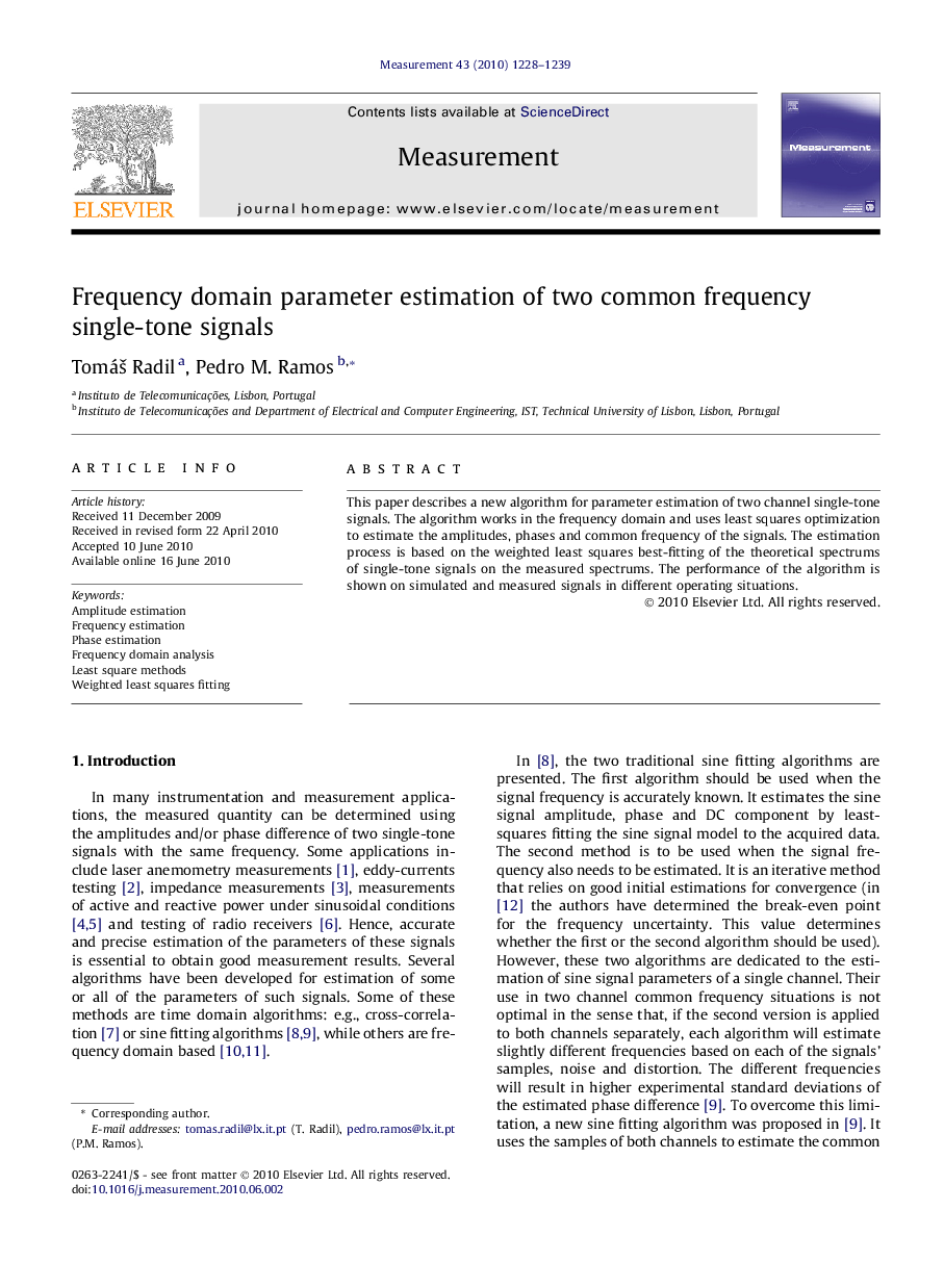 Frequency domain parameter estimation of two common frequency single-tone signals