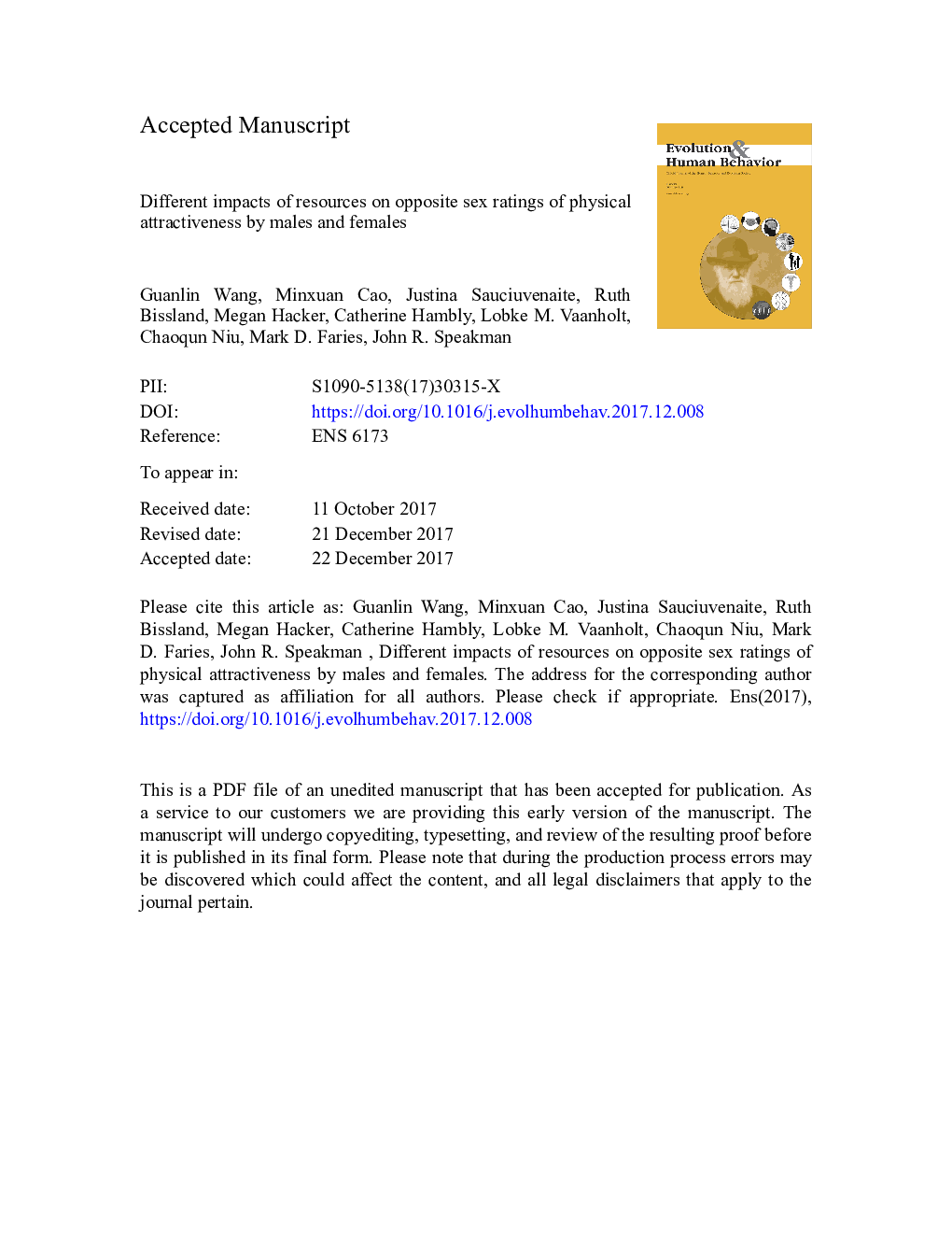 Different impacts of resources on opposite sex ratings of physical attractiveness by males and females