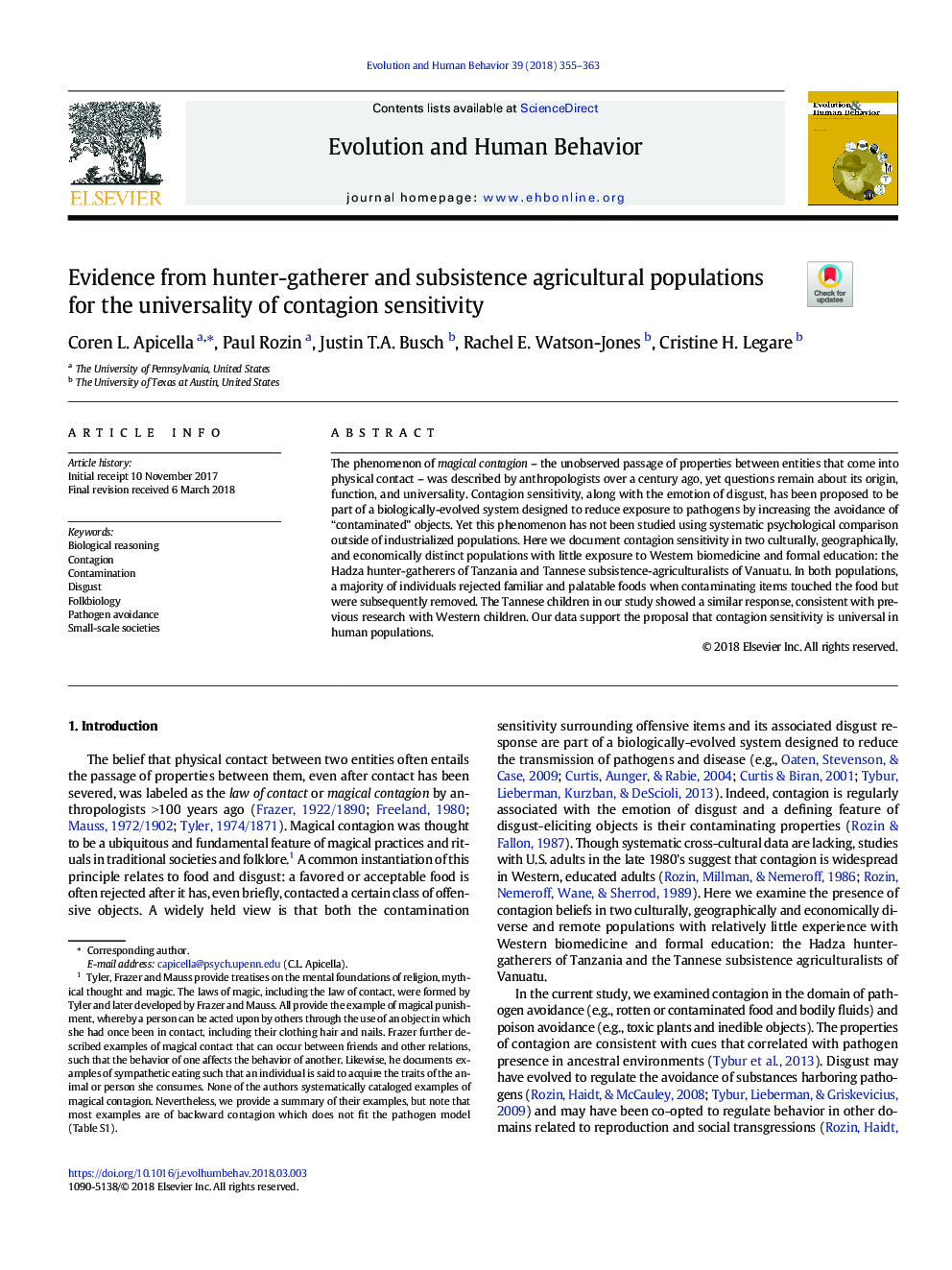 Evidence from hunter-gatherer and subsistence agricultural populations for the universality of contagion sensitivity