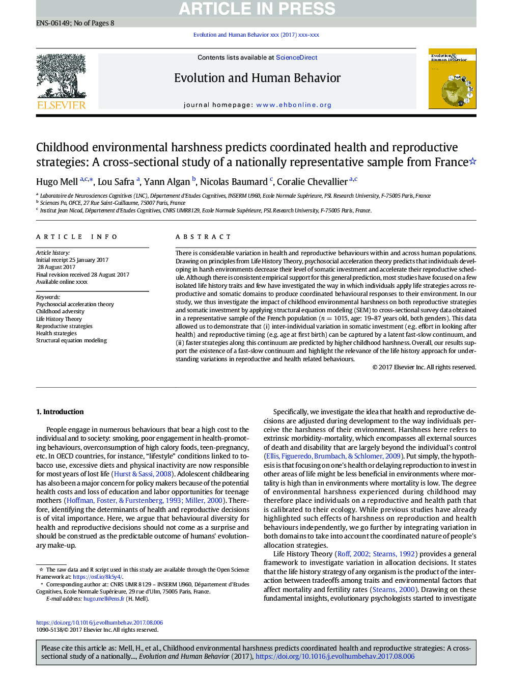 Childhood environmental harshness predicts coordinated health and reproductive strategies: A cross-sectional study of a nationally representative sample from France