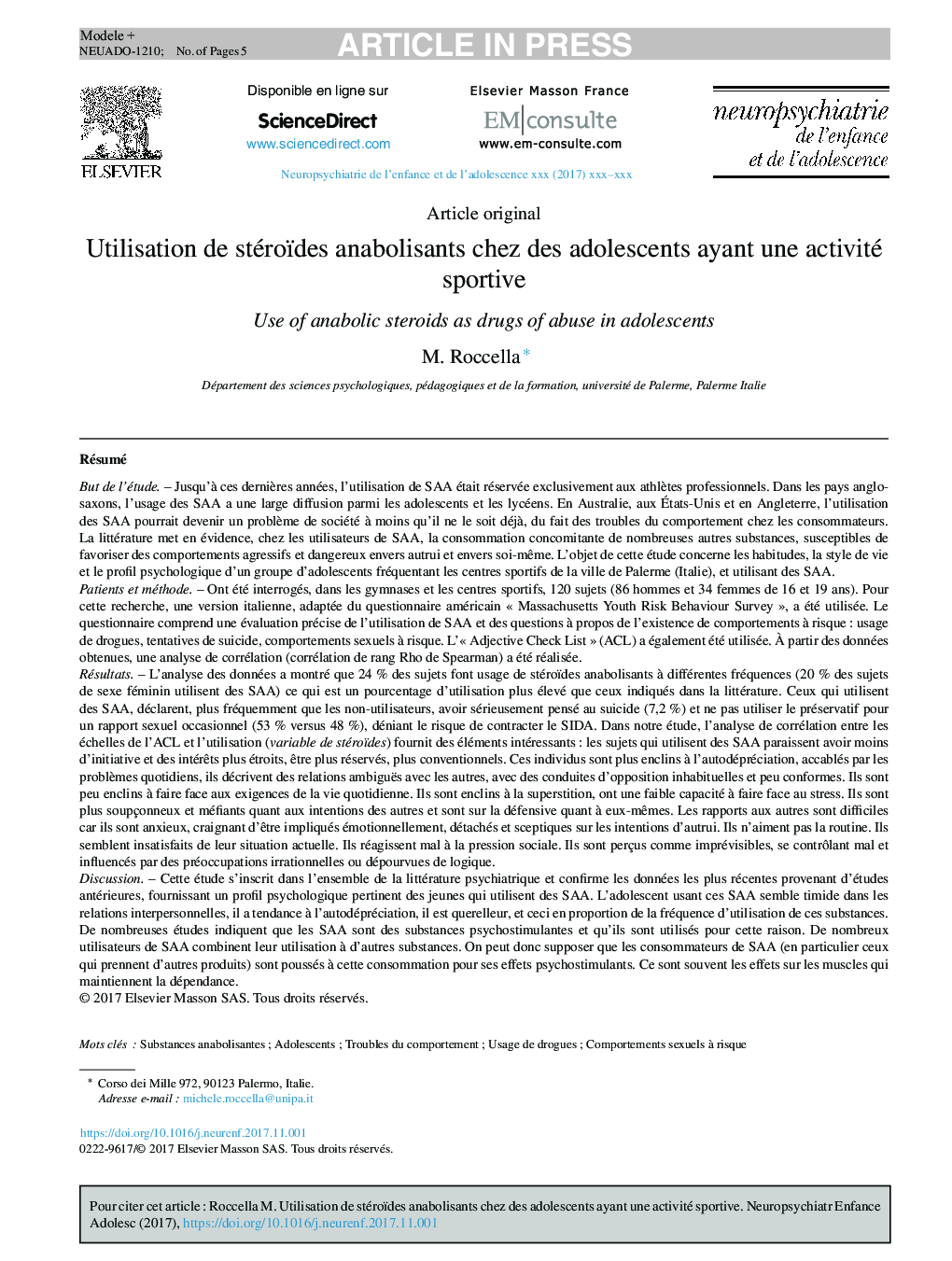 Utilisation de stéroïdes anabolisants chez des adolescents ayant une activité sportive