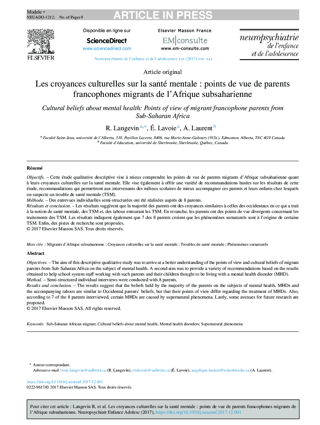 عکس صفحه اول مقاله: Les croyances culturelles sur la santé mentale : points de vue de parents francophones migrants de l'Afrique subsaharienne Les croyances culturelles sur la santé mentale : points de vue de parents francophones migrants de l'Afrique subsaharienne