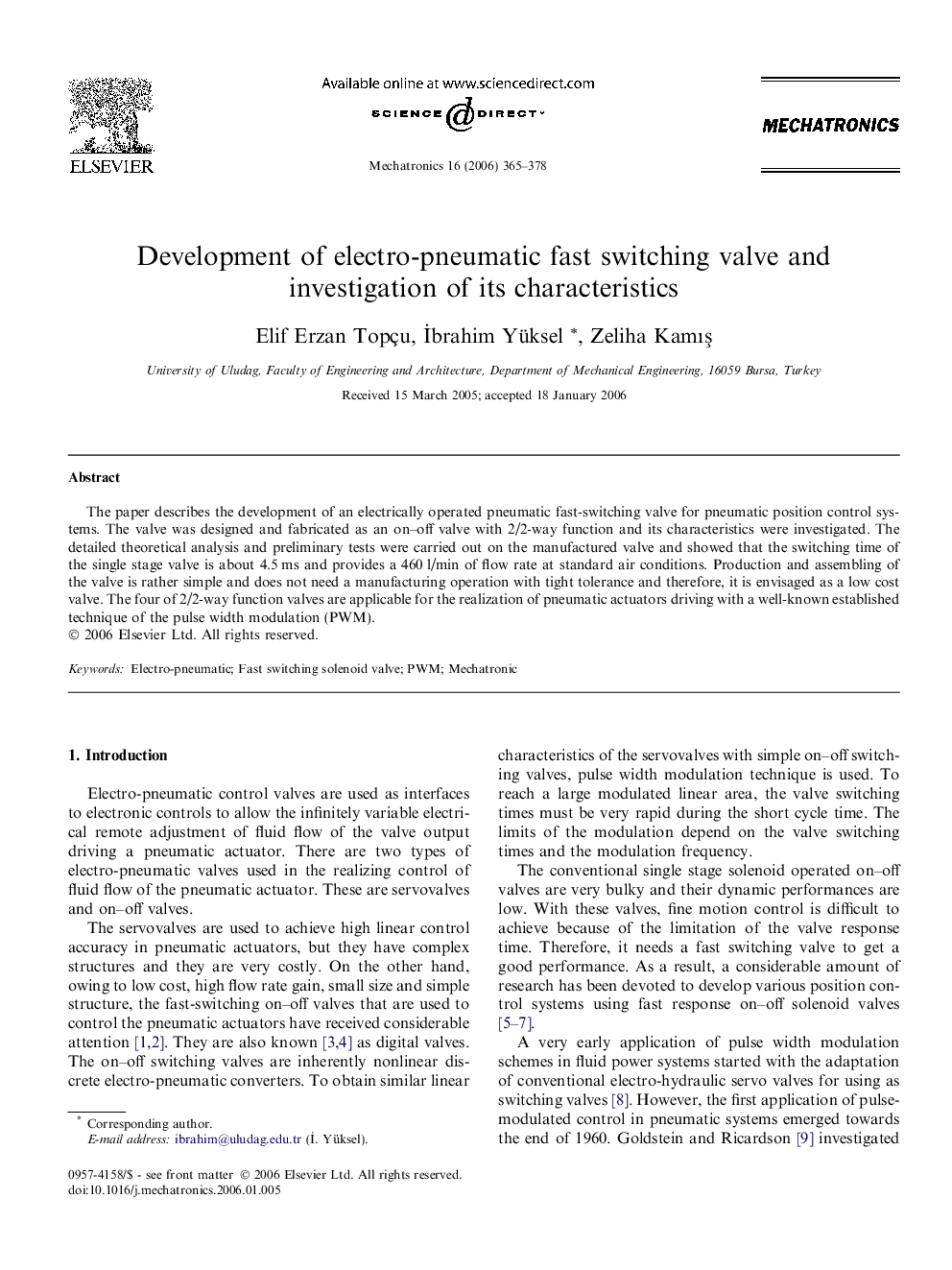 Development of electro-pneumatic fast switching valve and investigation of its characteristics