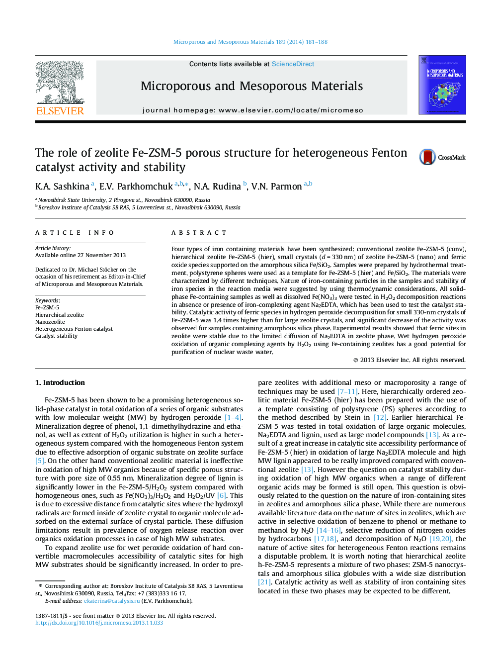 The role of zeolite Fe-ZSM-5 porous structure for heterogeneous Fenton catalyst activity and stability