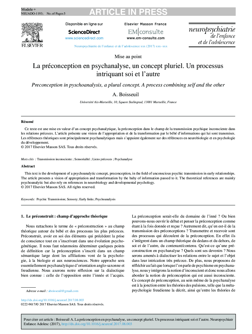 La préconception en psychanalyse, un concept pluriel. Un processus intriquant soi et l'autre